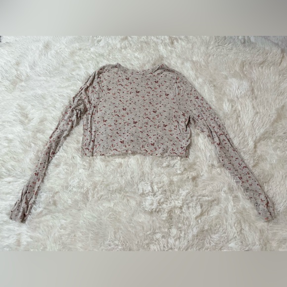 Aerie Womens M Real Soft Ribbed Floral Long Sleeve Crop Top Stretch Gray Crew - Picture 5 of 5